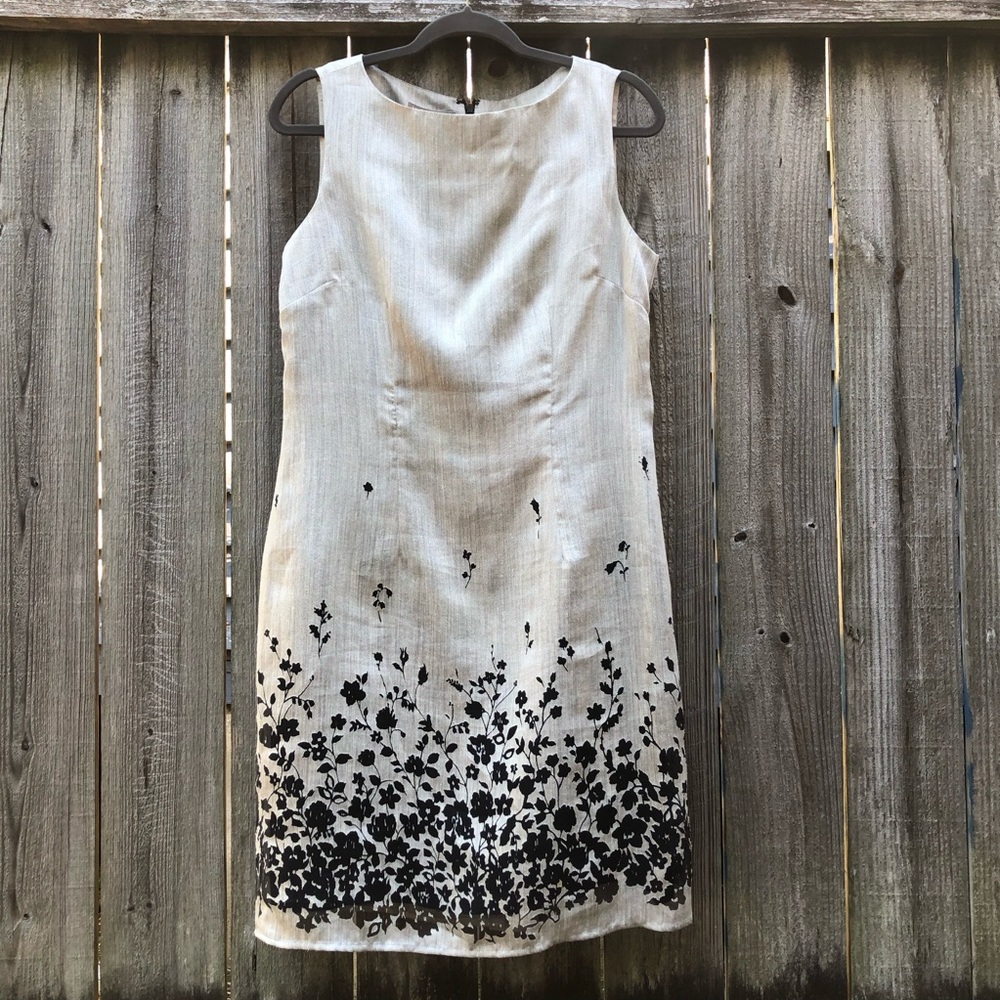 Isabella Bird Burnout Sheath Dress Size 10 Taupe Black Linen Blend Floral